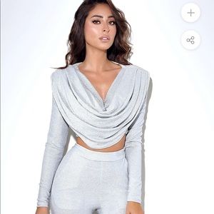 NWOT Miss Circle Silver Glitter Draping Long Sleeve Top Size Small